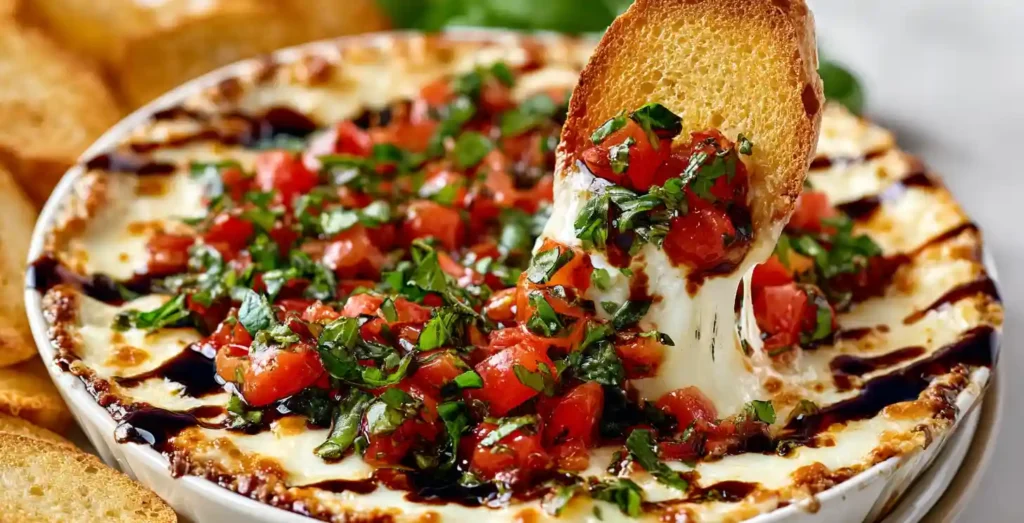 Bruschetta Dip shallow serving dish with a creamy whipped ricotta and Boursin cheese base topped with juicy diced tomatoes, fresh basil, and a glossy balsamic glaze drizzle, served alongside toasted baguette slices