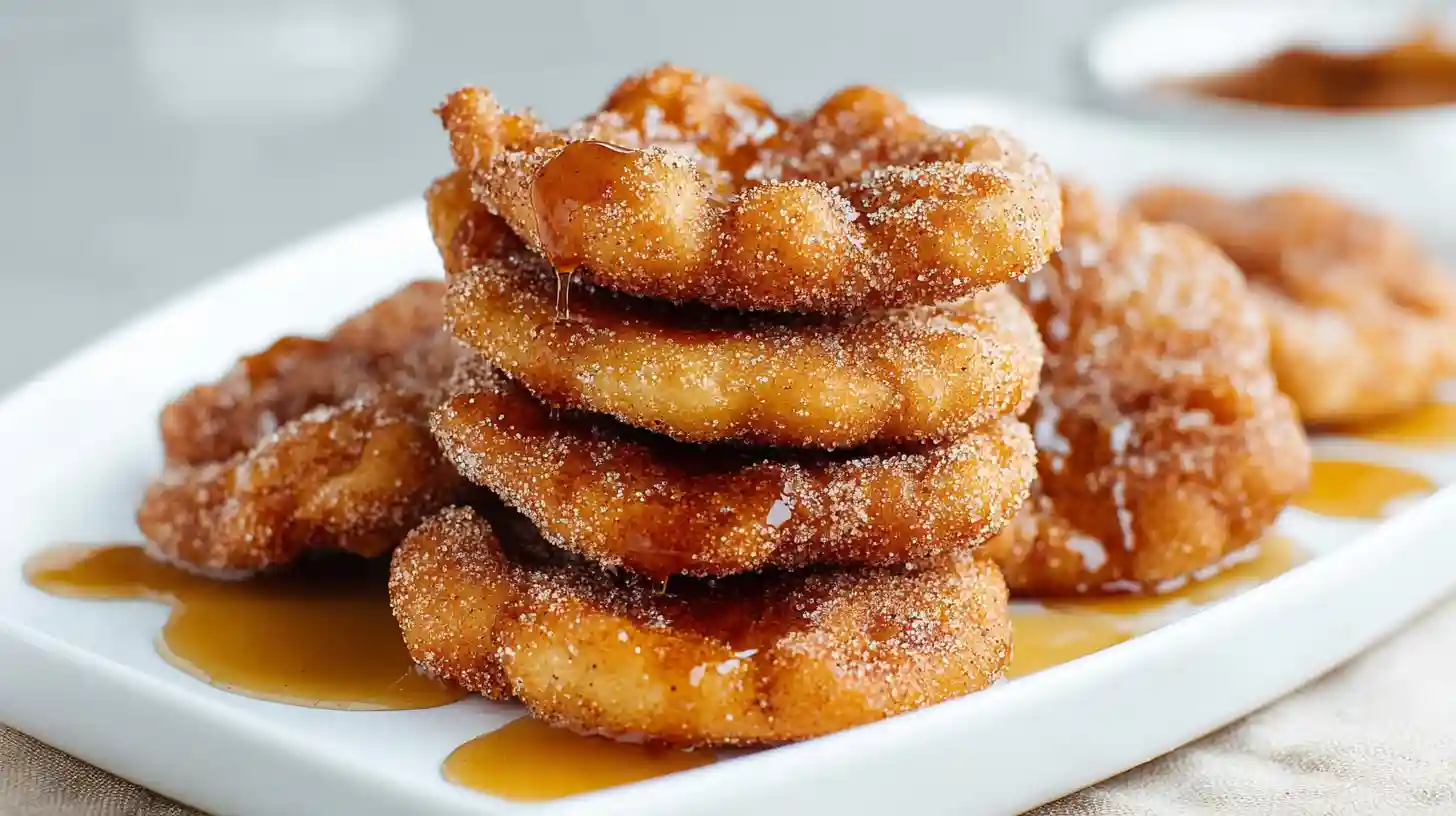Crispy golden Mexican Bunuelos recipe with cinnamon sugar coating stacked on a plate with cinnamon sticks