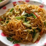 Cantonese Chow Mein with crispy fried noodles shrimp beef broccoli carrots napa cabbage and green onions