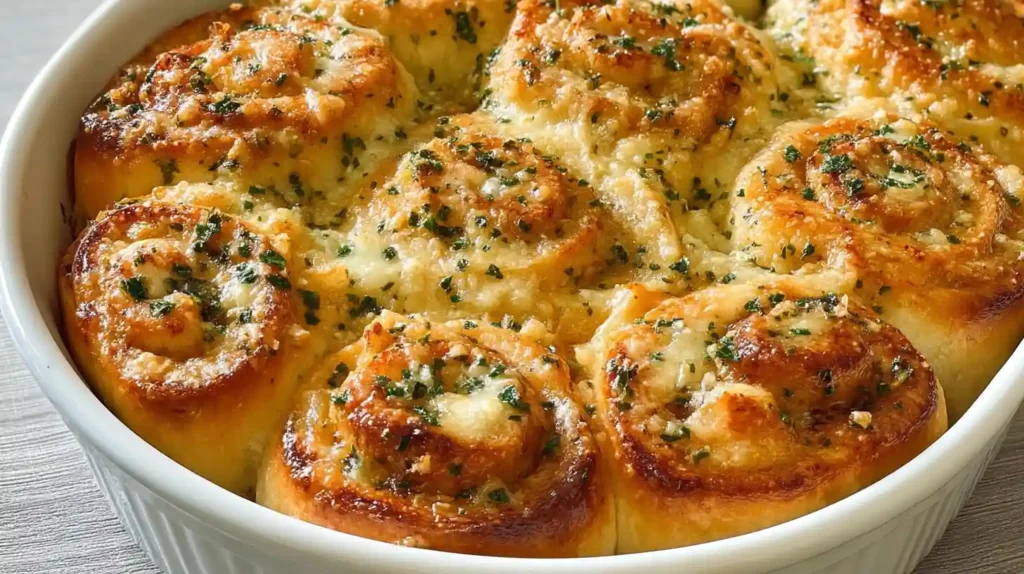 Soft fluffy Cheesy Garlic Rolls with melted mozzarella parmesan garlic butter herbs and golden brown tops