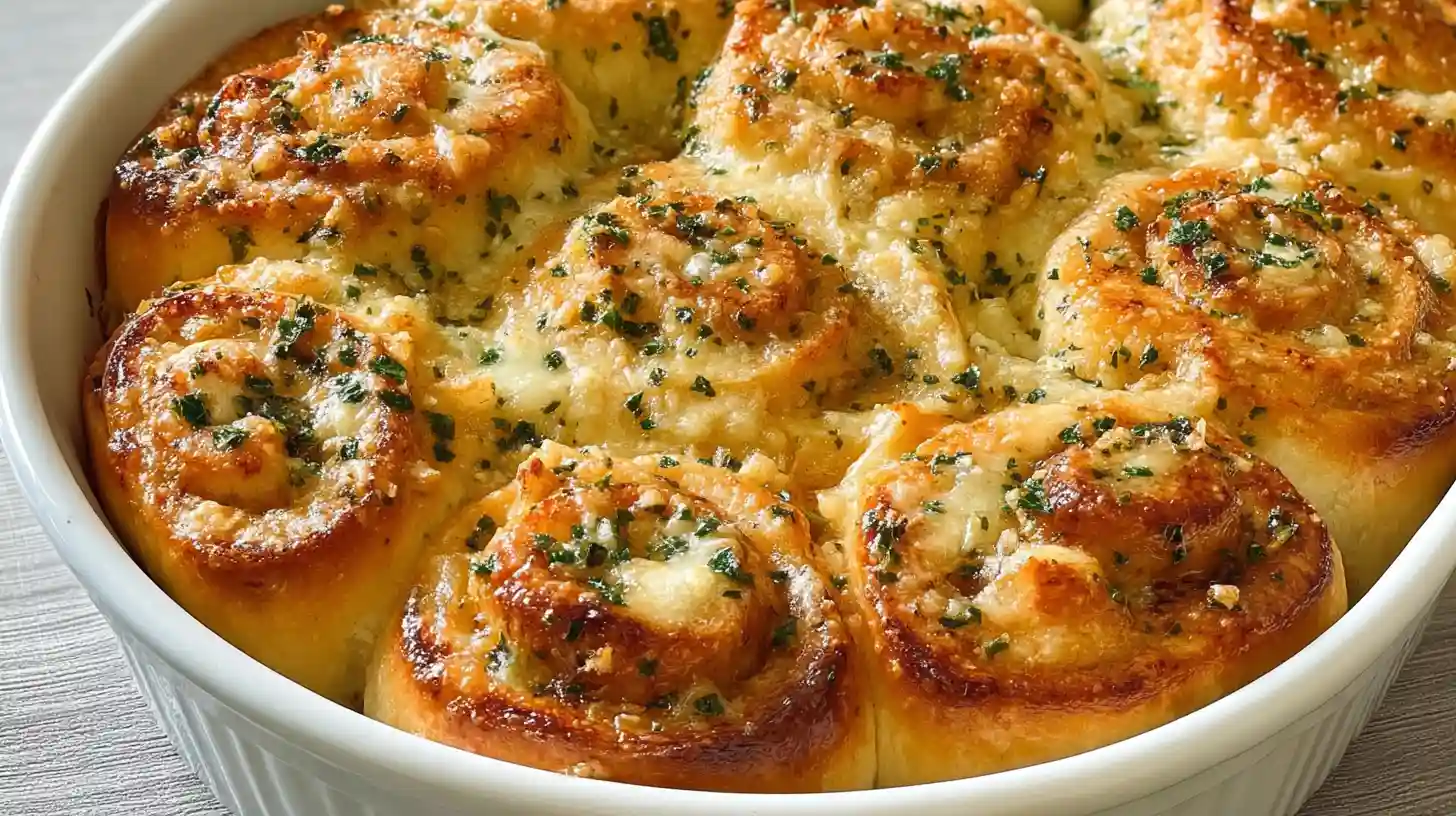 Soft fluffy Cheesy Garlic Rolls with melted mozzarella parmesan garlic butter herbs and golden brown tops