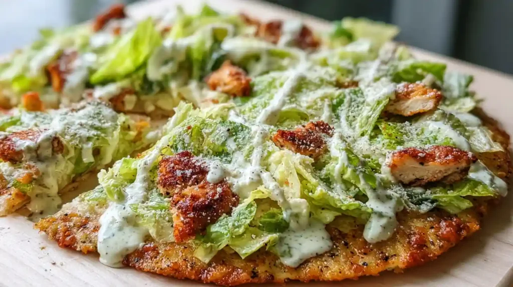 Viral Chicken Crust Caesar Salad Pizza with crispy chicken Parmesan crust topped with creamy Caesar dressing fresh romaine lettuce croutons and shaved Parmesan cheese