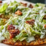 Viral Chicken Crust Caesar Salad Pizza with crispy chicken Parmesan crust topped with creamy Caesar dressing fresh romaine lettuce croutons and shaved Parmesan cheese