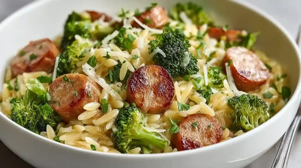 Chicken Sausage and Broccoli Orzo one-pot skillet creamy cheddar Parmesan lemon garlic healthy weeknight dinner
