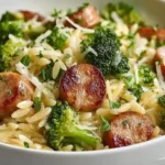 Chicken Sausage and Broccoli Orzo one-pot skillet creamy cheddar Parmesan lemon garlic healthy weeknight dinner