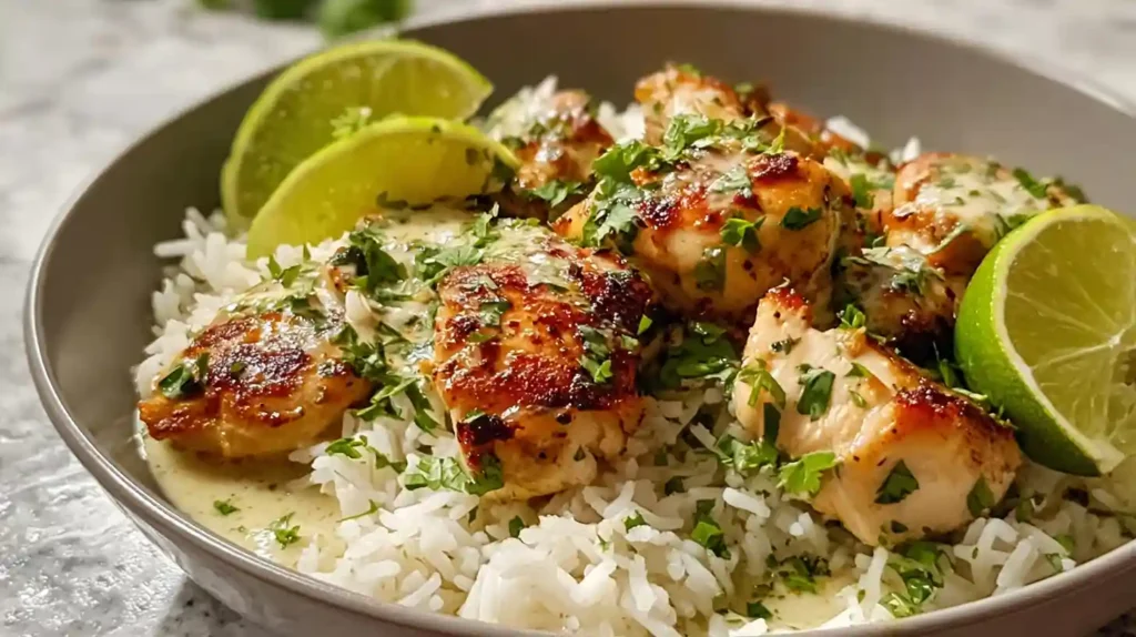 Creamy Coconut Lime Chicken and Rice with tender chicken thighs jasmine rice coconut milk lime zest cilantro and chili flakes