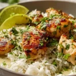 Creamy Coconut Lime Chicken and Rice with tender chicken thighs jasmine rice coconut milk lime zest cilantro and chili flakes