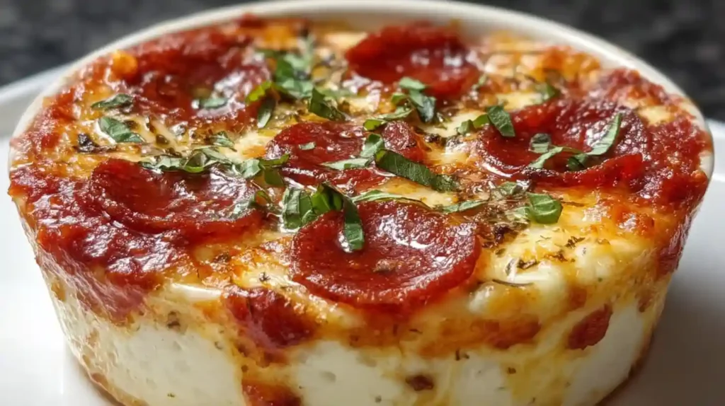 Cottage cheese pizza bowl with melted mozzarella pepperoni tomato sauce Italian seasoning and fresh basil high protein low carb