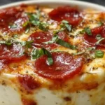 Cottage cheese pizza bowl with melted mozzarella pepperoni tomato sauce Italian seasoning and fresh basil high protein low carb