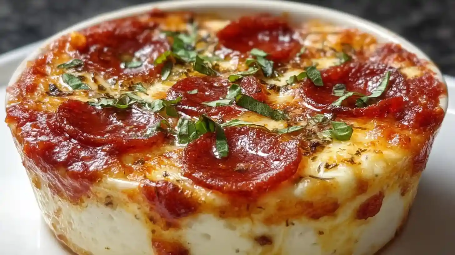 Cottage cheese pizza bowl with melted mozzarella pepperoni tomato sauce Italian seasoning and fresh basil high protein low carb