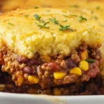 Cowboy cornbread casserole easy ground beef dinner 1 hour 13x9 pan — preheat oven 375°F grease 13x9 dish, large skillet medium-high heat 1 tablespoon olive oil diced onion translucent, 2 pounds ground beef browned drained, 1 packet taco seasoning 1 can RoTel with water 1 can corn not drained 1 can pinto beans rinsed drained stirred 2 minutes, spread bottom casserole dish topped shredded Mexican cheddar cheese, cornbread topping 1 box Jiffy mix 1 egg half cup milk mixed smooth spread evenly over beef layer, baked uncovered 40-45 minutes cornbread golden toothpick clean, rested 10 minutes served