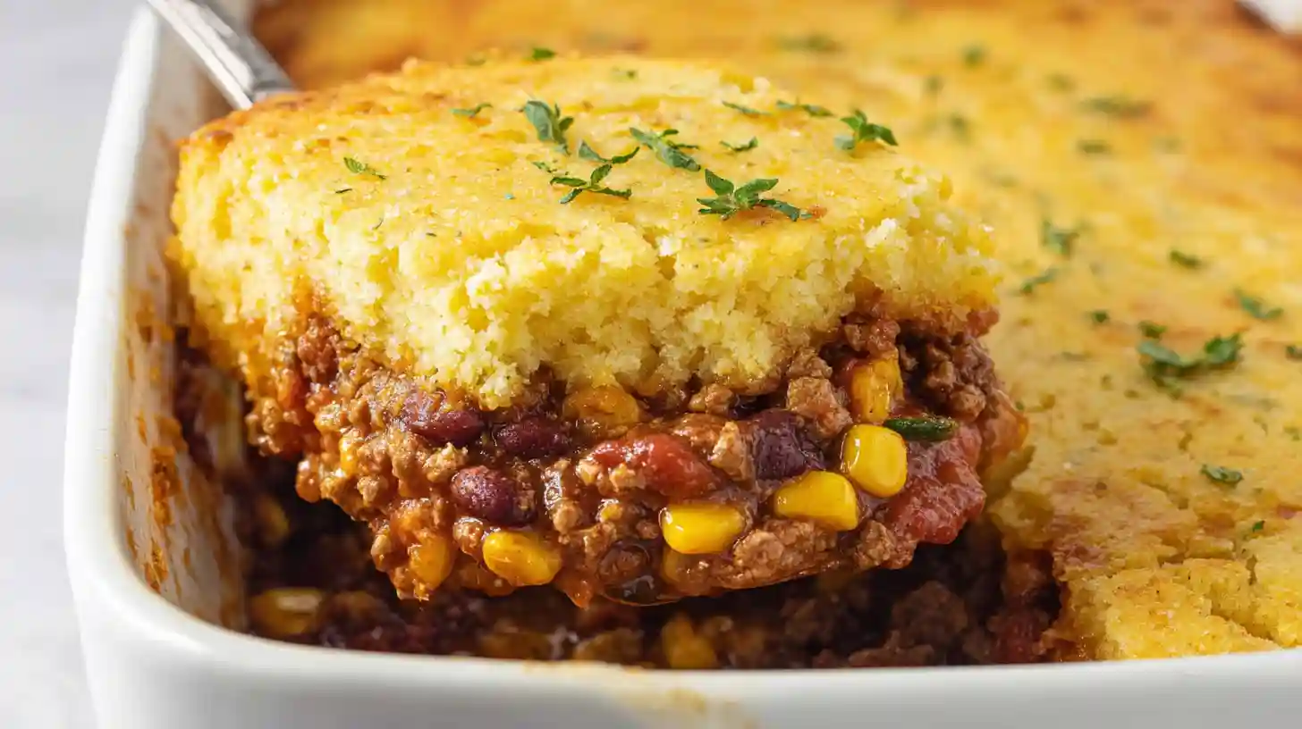 Cowboy cornbread casserole easy ground beef dinner 1 hour 13x9 pan — preheat oven 375°F grease 13x9 dish, large skillet medium-high heat 1 tablespoon olive oil diced onion translucent, 2 pounds ground beef browned drained, 1 packet taco seasoning 1 can RoTel with water 1 can corn not drained 1 can pinto beans rinsed drained stirred 2 minutes, spread bottom casserole dish topped shredded Mexican cheddar cheese, cornbread topping 1 box Jiffy mix 1 egg half cup milk mixed smooth spread evenly over beef layer, baked uncovered 40-45 minutes cornbread golden toothpick clean, rested 10 minutes served