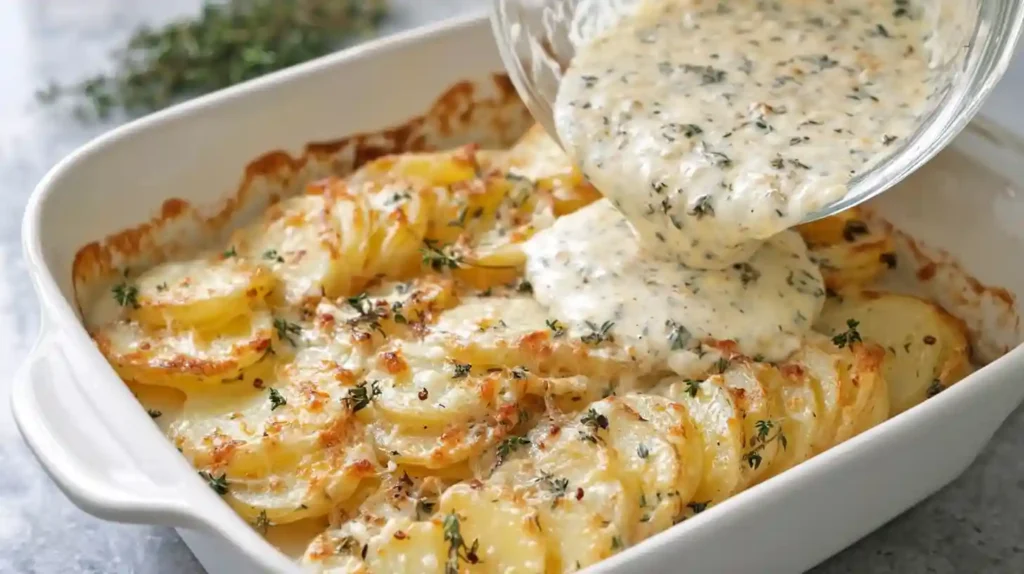 Creamy Parmesan oven-baked potatoes topped with melted cheese garlic and fresh herbs in a golden casserole dish