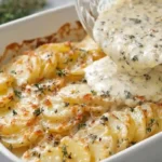 Creamy Parmesan oven-baked potatoes topped with melted cheese garlic and fresh herbs in a golden casserole dish