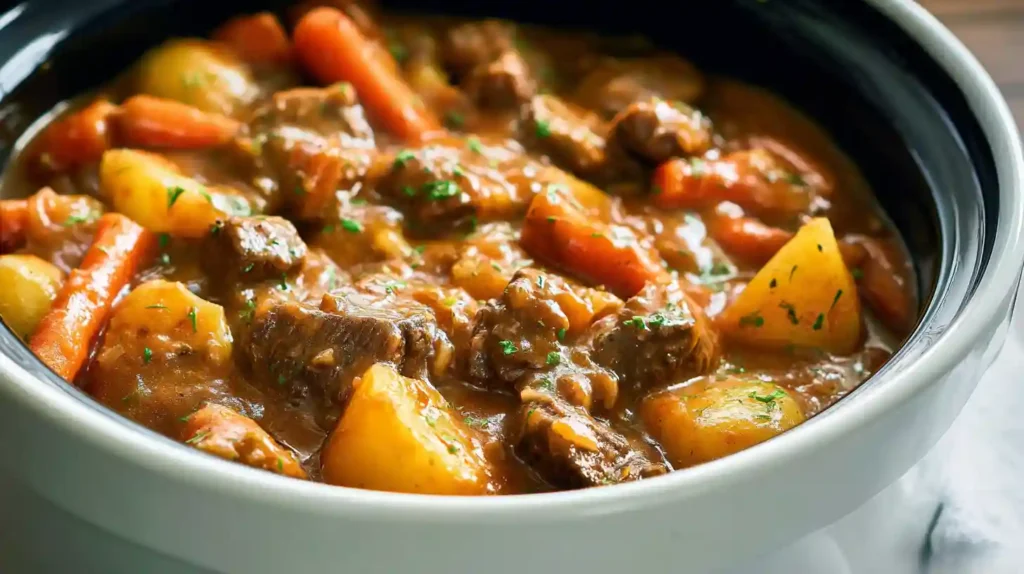 Hearty crock pot beef stew with tender chuck roast, chunky potatoes, carrots, and rich gravy in a slow cooker