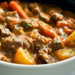 Hearty crock pot beef stew with tender chuck roast, chunky potatoes, carrots, and rich gravy in a slow cooker