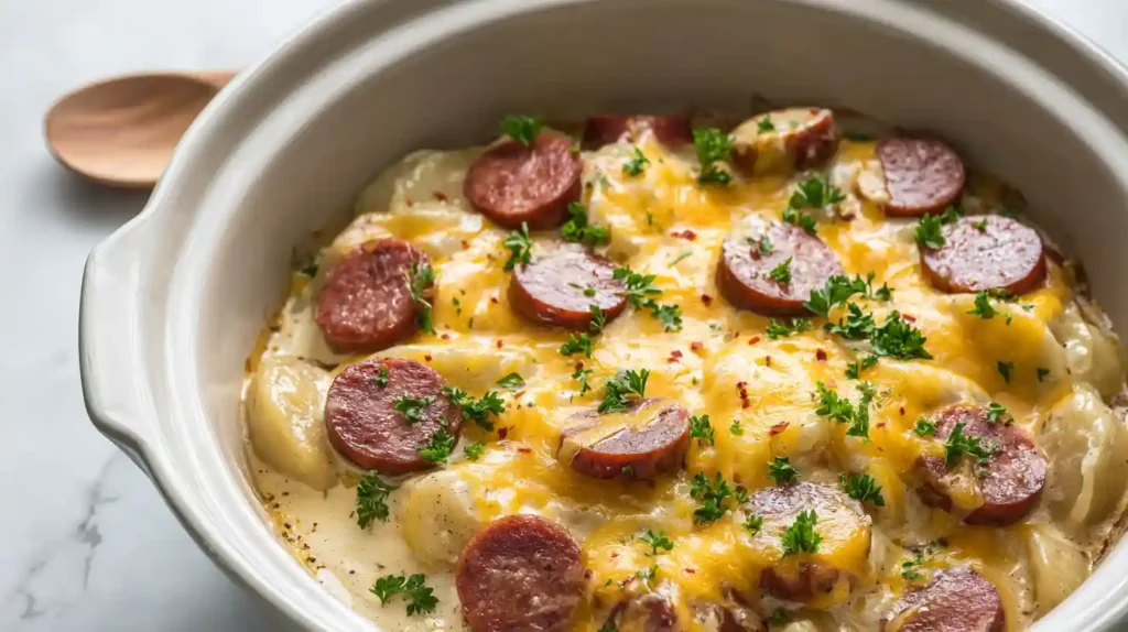 Crockpot Pierogi Casserole with Kielbasa cheddar pierogies smoked sausage creamy cheddar cheese sauce green onions and black pepper