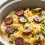 Crockpot Pierogi Casserole with Kielbasa cheddar pierogies smoked sausage creamy cheddar cheese sauce green onions and black pepper