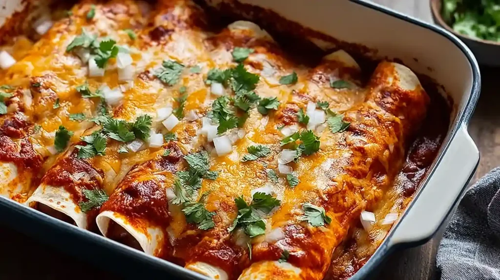 Easy Bean and Cheese Enchiladas with refried beans melted Monterey Jack cheese red enchilada sauce and fresh cilantro