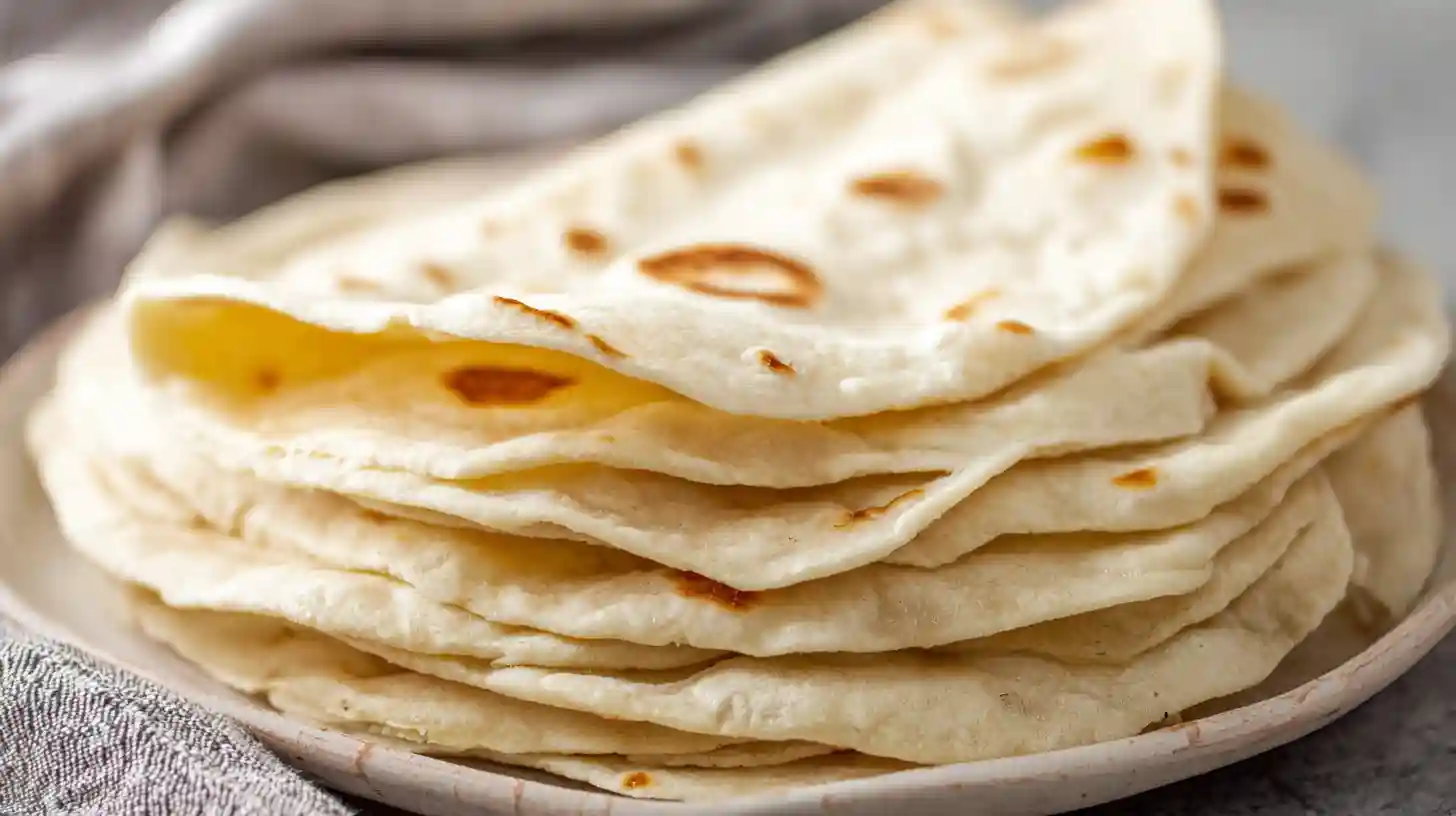 Soft easy flour tortillas from scratch stacked on a cloth with flour and rolling pin nearby