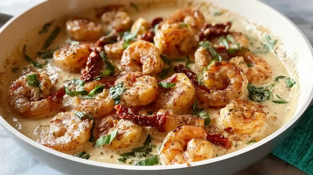 Easy Marry Me Shrimp in creamy sun-dried tomato garlic sauce with spinach parmesan and fresh basil over pasta or rice