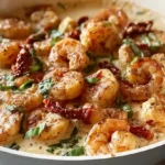 Easy Marry Me Shrimp in creamy sun-dried tomato garlic sauce with spinach parmesan and fresh basil over pasta or rice
