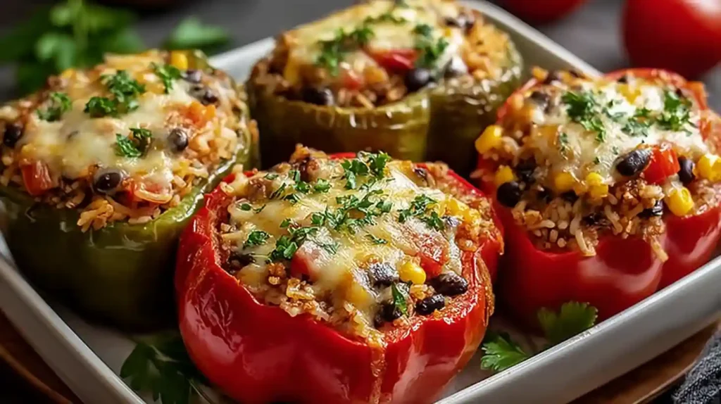 Easy vegetarian stuffed bell peppers with rice black beans cheese and melted mozzarella baked golden