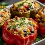 Easy vegetarian stuffed bell peppers with rice black beans cheese and melted mozzarella baked golden
