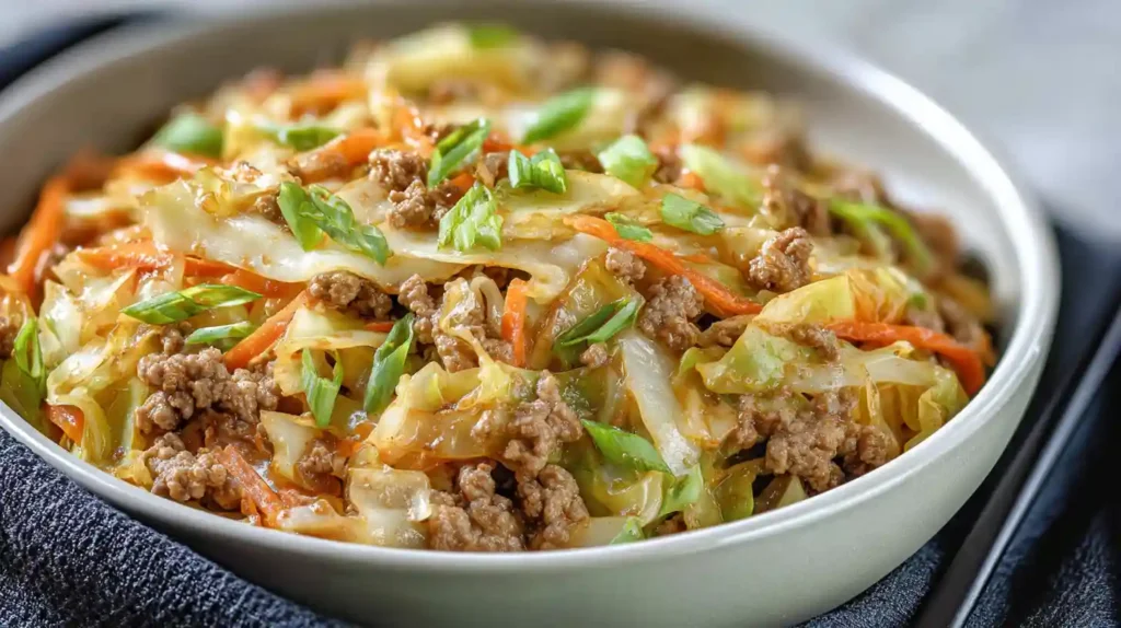 Egg roll in a bowl with seasoned ground pork, shredded cabbage, carrots, and garlic ginger sauce topped with green onions and toasted sesame seeds in a white bowl