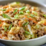 Egg roll in a bowl with seasoned ground pork, shredded cabbage, carrots, and garlic ginger sauce topped with green onions and toasted sesame seeds in a white bowl