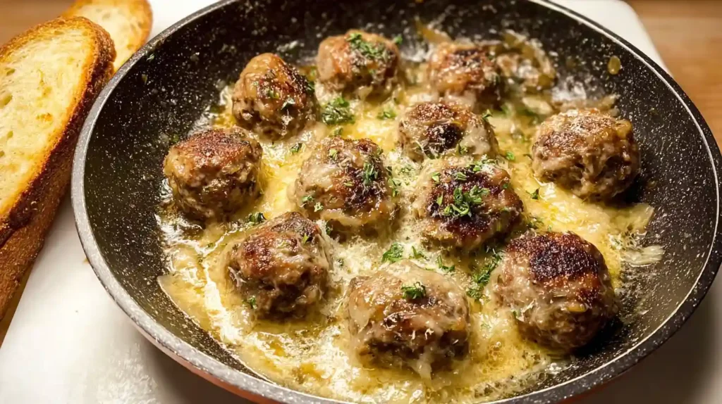 French Onion Meatballs with caramelized onions rich beef gravy melted Gruyere and mozzarella cheese garnished with fresh thyme and baguette