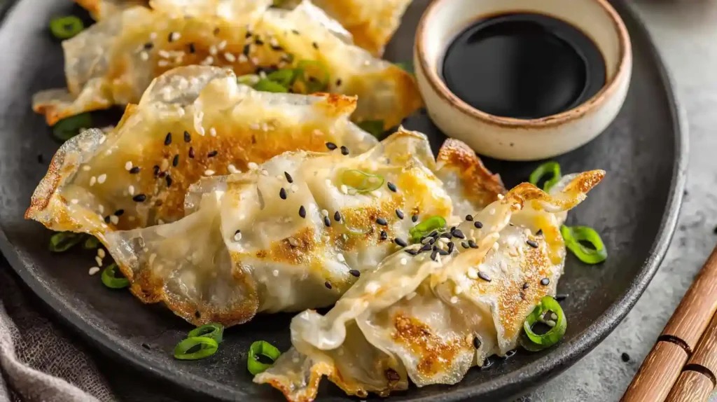 Crispy golden frozen dumplings in air fryer potstickers gyoza cooked at 375F for 8 minutes with oil spray and soy sauce dipping