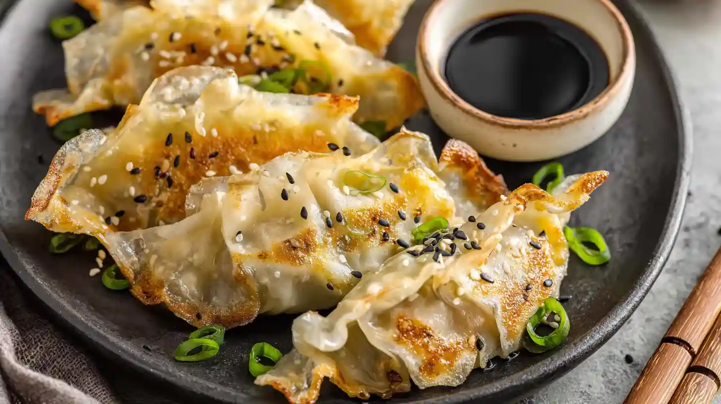 Crispy golden frozen dumplings in air fryer potstickers gyoza cooked at 375F for 8 minutes with oil spray and soy sauce dipping