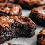 Fudgy Chewy Browkies with chocolate brownie layer and cookie layer topped with chocolate chips and sea salt
