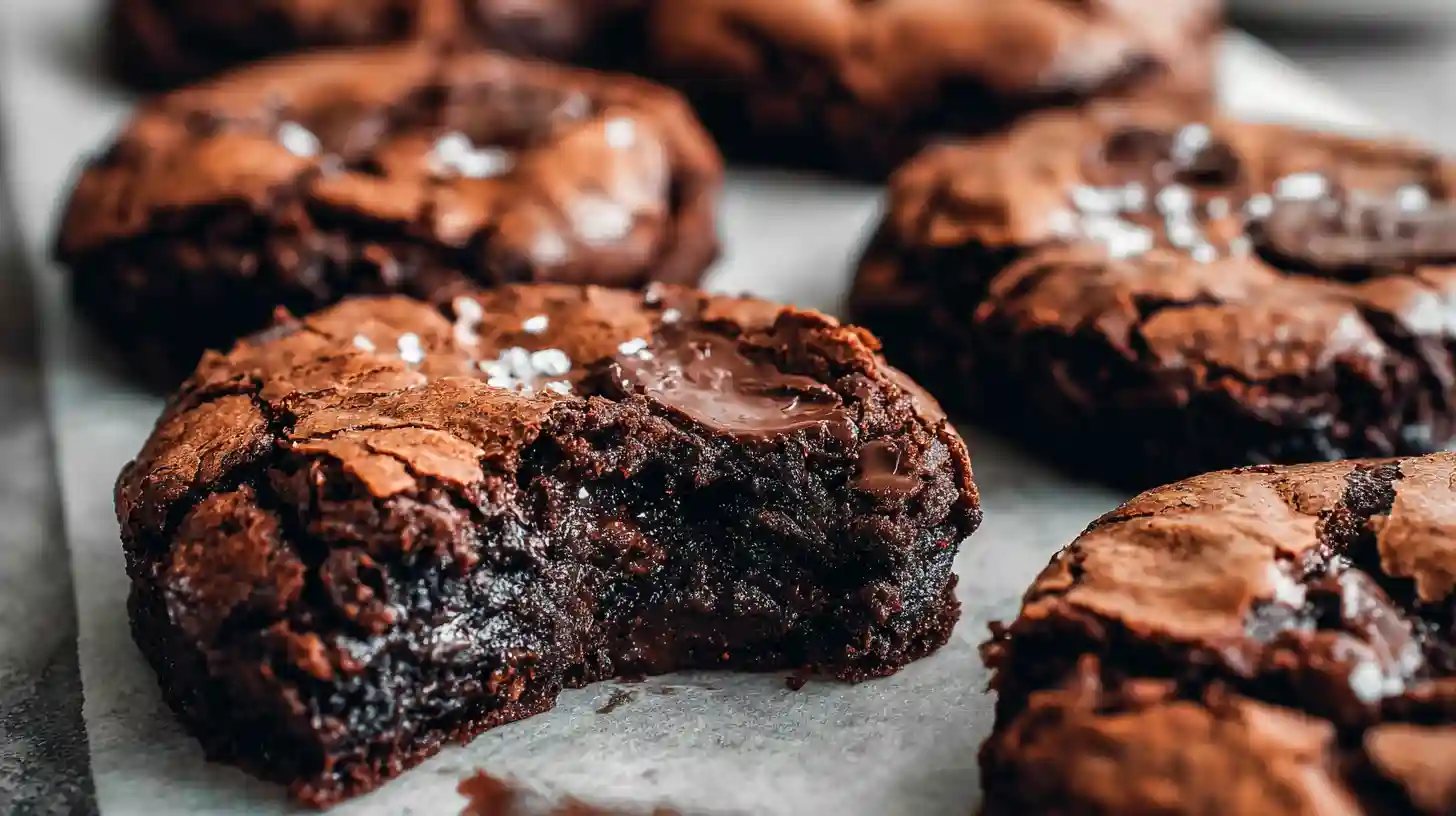 Fudgy Chewy Browkies with chocolate brownie layer and cookie layer topped with chocolate chips and sea salt