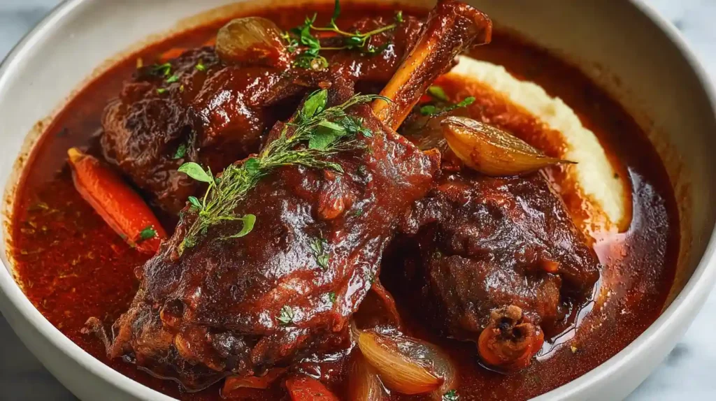 Greek-Style Braised Lamb Shanks fall-off-the-bone tender in rich tomato red wine sauce with pearl onions carrots garlic rosemary and lemon over orzo