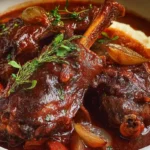 Greek-Style Braised Lamb Shanks fall-off-the-bone tender in rich tomato red wine sauce with pearl onions carrots garlic rosemary and lemon over orzo