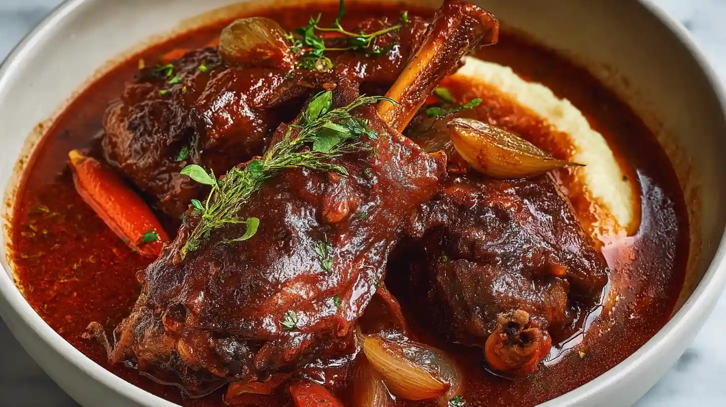 Greek-Style Braised Lamb Shanks fall-off-the-bone tender in rich tomato red wine sauce with pearl onions carrots garlic rosemary and lemon over orzo