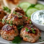 Greek turkey meatballs with homemade tzatziki sauce feta garlic oregano and fresh herbs served over rice or orzo