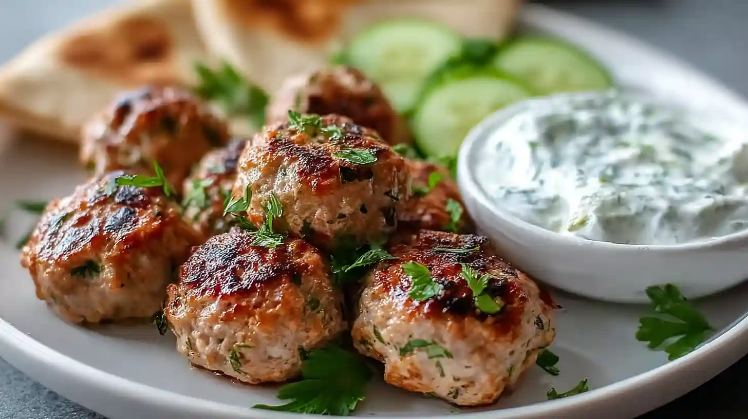 Greek turkey meatballs with homemade tzatziki sauce feta garlic oregano and fresh herbs served over rice or orzo
