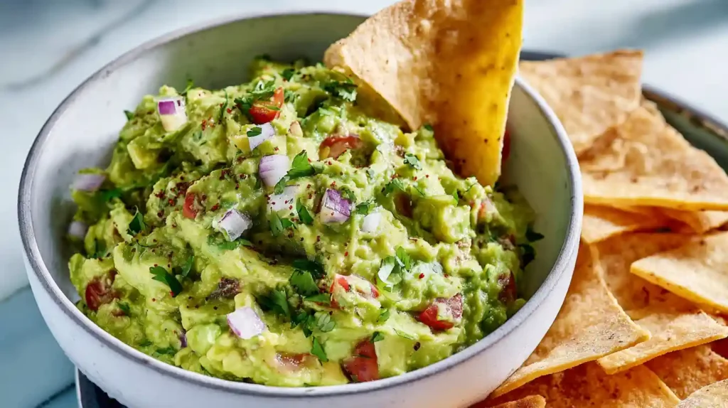 Guac cart style guacamole chunky and vibrant in a rustic stone molcajete bowl surrounded by tortilla chips fresh lime wedges and Tajín seasoning
