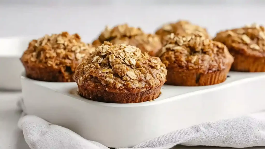 Healthy banana oatmeal muffins with rolled oats topping cooling on a wire rack next to fresh ripe bananas