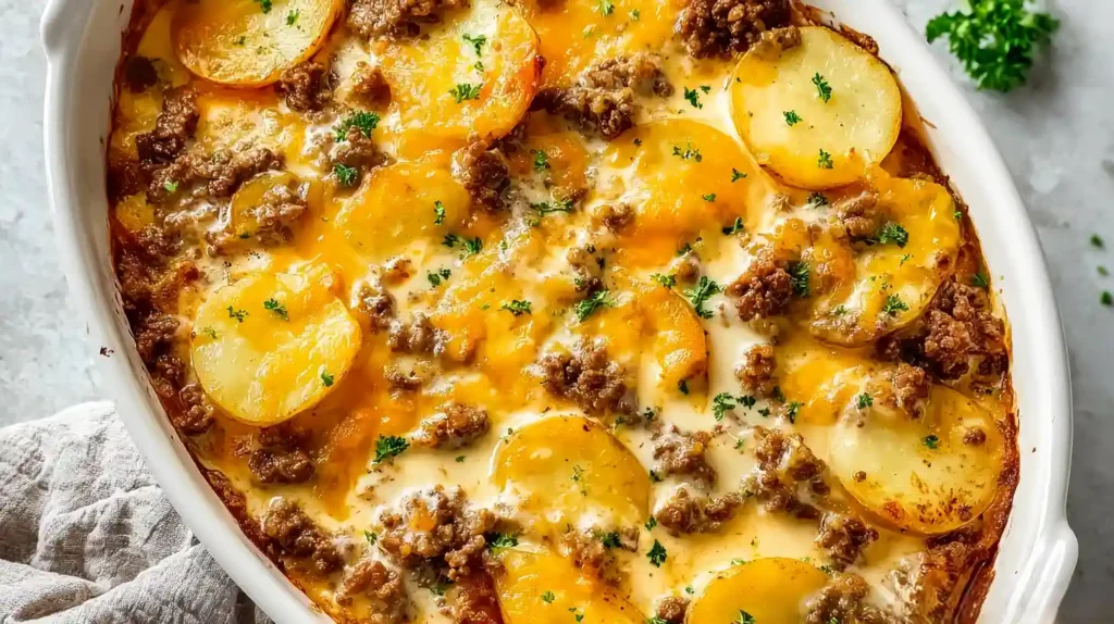 Hobo Casserole with ground beef sliced potatoes cheddar cheese and creamy sauce baked golden in a 9x13 dish
