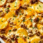 Hobo Casserole with ground beef sliced potatoes cheddar cheese and creamy sauce baked golden in a 9x13 dish