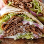 Homemade Doner Kebab with spiced ground beef or lamb shaved meat fresh lettuce tomatoes onions and yogurt garlic sauce in pita bread