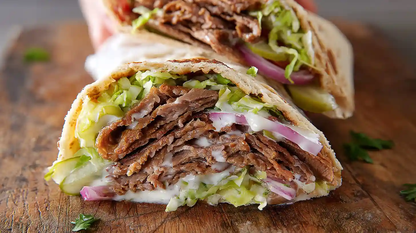 Homemade Doner Kebab with spiced ground beef or lamb shaved meat fresh lettuce tomatoes onions and yogurt garlic sauce in pita bread