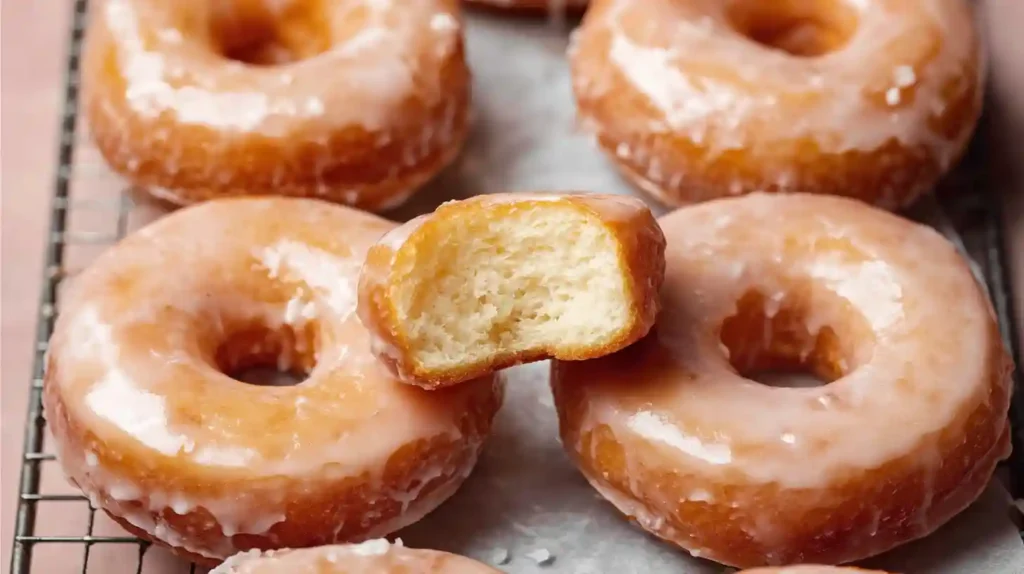 Homemade Glazed Donuts soft, golden yeast-raised donuts stacked on a cooling rack and coated with a glossy vanilla glaze, with a light drizzle pooling below