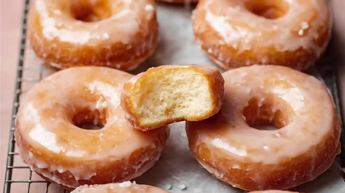 Homemade Glazed Donuts soft, golden yeast-raised donuts stacked on a cooling rack and coated with a glossy vanilla glaze, with a light drizzle pooling below