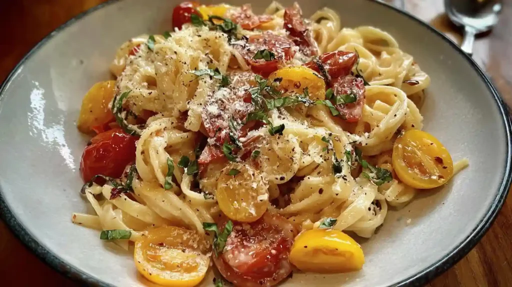 Ina Garten's Summer Garden Pasta with halved cherry tomatoes fresh basil olive oil and Parmesan cheese on angel hair pasta