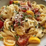 Ina Garten's Summer Garden Pasta with halved cherry tomatoes fresh basil olive oil and Parmesan cheese on angel hair pasta